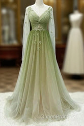 A-Line Green Gradient Tulle Long Sleeves Party Dresses, V-Neckline Green Formal Dresses Evening Prom Dresses
