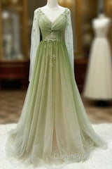 A-Line Green Gradient Tulle Long Sleeves Party Dresses, V-Neckline Green Formal Dresses Evening Prom Dresses