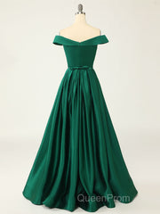 A-Line Green Off Shoulder Long Evening Prom Dresses, Green Formal Evening Dresses