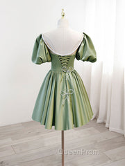 A-Line Green Puffy Sleeve Satin Short Evening Prom Dresses, Green Short Evening Dresses