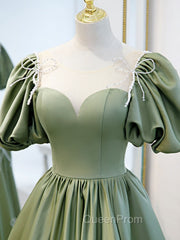 A-Line Green Puffy Sleeve Satin Short Evening Prom Dresses, Green Short Evening Dresses