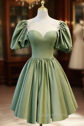 A-Line Green Puffy Sleeve Satin Short Evening Prom Dresses, Green Short Evening Dresses