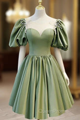 A Line Green Puffy Sleeve Satin Short Evening Prom Dresses Homecoming Dresses