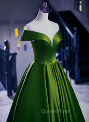 A-Line Green Satin Floor Length Party Dresses, Green Long Evening Dresses