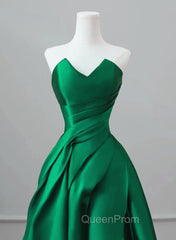 A-line Green Satin Lace-up Floor Length Party Dresses, Green Satin Evening Prom Dresses