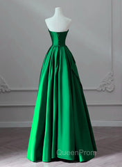 A-line Green Satin Lace-up Floor Length Party Dresses, Green Satin Evening Prom Dresses