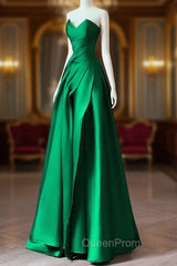 A-line Green Satin Lace-up Floor Length Party Dresses, Green Satin Evening Prom Dresses