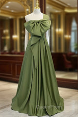 A-Line Green Satin One Shoulder Evening Prom Dresses With Bow