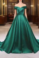 A-line Green Satin Sweetheart Evening Dresses, Green Long Evening Dresses Evening Prom Dresses