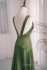 A-Line Green Satin V-Neckline Low Back Evening Prom Dresses, Green Evening Dresses