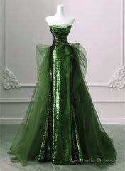 A-Line Green Sequins And Tulle Long Party Dress, Green Evening Dress Formal Dress
