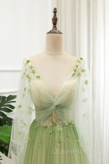 A-Line Green Tulle Gradient Long Party Dresses, Green Floor Length Formal Dresses