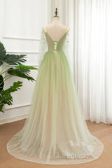 A-Line Green Tulle Gradient Long Party Dresses, Green Floor Length Formal Dresses