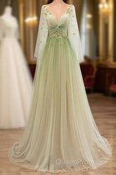 A-Line Green Tulle Gradient Long Party Dresses, Green Floor Length Formal Dresses