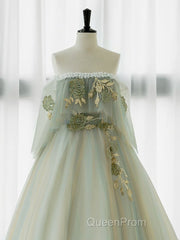 A-Line Green Tulle Lace Long Evening Prom Dresses, Green Tulle Lace Long Formal Dresses