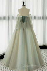 A-Line Green Tulle Lace Long Evening Prom Dresses, Green Tulle Lace Long Formal Dresses
