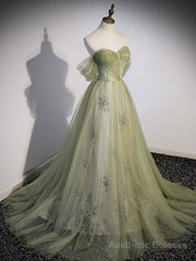 A Line Green Tulle Long Prom Dress, Green Formal Evening Dress with Beading