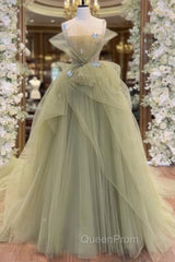 A-Line Green Tulle Long Evening Prom Dresses, Green Long Graduation Dresses