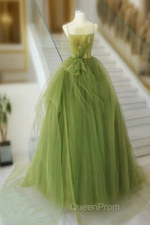 A-Line Green Tulle Long Evening Prom Dresses, Green Tulle Long Evening Dresses