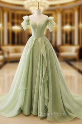 A-Line Green Tulle Long Evening Prom Dresses, Green Tulle Long Evening Dresses