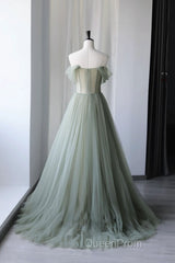 A-Line Green Tulle Long Evening Prom Dresses, Green Formal Evening Dresses