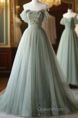 A-Line Green Tulle Long Evening Prom Dresses, Green Formal Evening Dresses