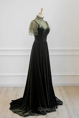 A-Line Green Velvet Long Wedding Party Dresses, High Neckline Evening Prom Dresses Evening Dresses