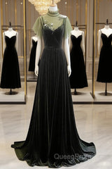 A-Line Green Velvet Long Wedding Party Dresses, High Neckline Evening Prom Dresses Evening Dresses