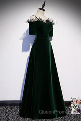 A-Line Green Velvet Spaghetti Straps Evening Prom Dresses, Green Wedding Party Dresses
