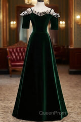 A-Line Green Velvet Spaghetti Straps Evening Prom Dresses, Green Wedding Party Dresses