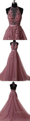 A Line Halter Neck Lace Evening Prom Dresses With Sweep Train, Backless Formal Dresses, Evening Dresses