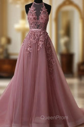 A Line Halter Neck Lace Evening Prom Dresses With Sweep Train, Backless Formal Dresses, Evening Dresses