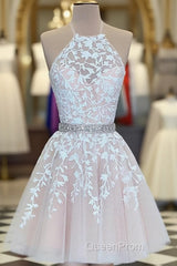 A Line Halter Neck Short Champagne Lace Evening Prom Dresses, Short Champagne Lace Formal Homecoming Dresses