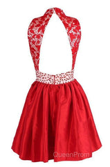 A-Line High Neck Knee Length Satin Homecoming Dresses With Lace