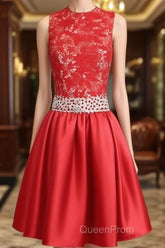 A-Line High Neck Knee Length Satin Homecoming Dresses With Lace