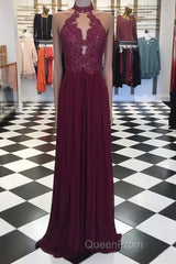 A Line High Neck Lace Long Evening Prom Dresses, Lace Evening Dresses