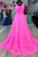A line Illusion V Neck Layers Tulle Evening Prom Dresses