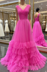 A line Illusion V Neck Layers Tulle Evening Prom Dresses