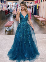 A Line Ink Blue Glitter Tulle Lace Prom Dress