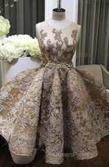 A-Line Jewel Sleeveless Short Evening Prom Dresses With Lace Appliques