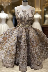 A-Line Jewel Sleeveless Short Evening Prom Dresses With Lace Appliques