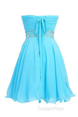 A-Line Knee Length Chiffon Blue Homecoming Dresses With Crystals