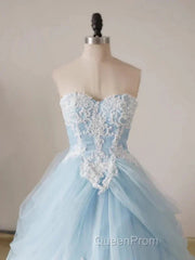 A-Line Lace Chicken Heart Collar Blue Long Ball Dresses Sky Blue Evening Prom Dresses