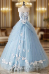 A-Line Lace Sweetheart Neck Blue Long Evening Prom Dresses