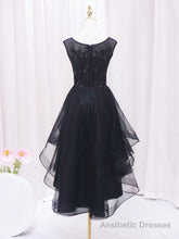 A-Line Lace Tulle Black Short Prom Dress, High Low Black Homecoming Dress