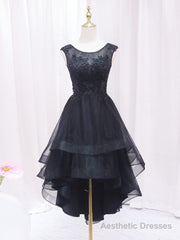A-Line Lace Tulle Black Short Prom Dress, High Low Black Homecoming Dress