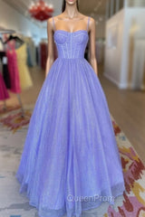 A-Line Lavender Shiny Tulle Evening Prom Dresses, Long Spaghetti Strap Evening Dresses