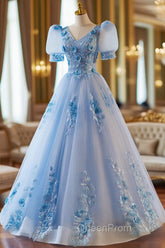 A-Line Light Blue Tulle With Lace Short Sleeves Evening Prom Dresses, Tulle Sweet 16 Dresses