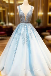 A Line Light Blue V Neck Lace Long Evening Prom Dresses