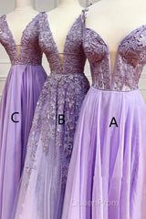 A-Line Long Lace Purple Evening Prom Dresses V-Neck Lilac Party Dresses